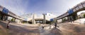 Brussels, Belgium, August 2019. The European Parliament`s Altiero Spinelli Building in a large format panoramic photo. Tourists