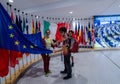 Brussels, Belgium, August 2019. At the headquarters of the European Parliament: the flags of the member states. An Italian mom Royalty Free Stock Photo