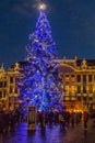 BRUSSELS, BELGIUM - DECEMBER 17, 2018: Christmas tree at the Grand Place (Grote Markt) in Brussels, capital of Belgi Royalty Free Stock Photo