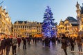 BRUSSELS, BELGIUM - DECEMBER 17, 2018: Evening view of the Grand Place (Grote Markt) with a christmas tree in Brussels Royalty Free Stock Photo