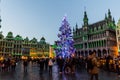 BRUSSELS, BELGIUM - DECEMBER 17, 2018: Evening view of the Grand Place (Grote Markt) with a christmas tree in Brussels Royalty Free Stock Photo