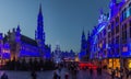 BRUSSELS, BELGIUM - DECEMBER 17, 2018: Evening view of the Grand Place & x28;Grote Markt& x29; with a christmas tree and Royalty Free Stock Photo