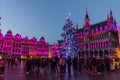 BRUSSELS, BELGIUM - DECEMBER 17, 2018: Evening view of the Grand Place (Grote Markt) with a christmas tree and Royalty Free Stock Photo