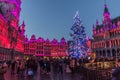 BRUSSELS, BELGIUM - DECEMBER 17, 2018: Evening view of the Grand Place (Grote Markt) with a christmas tree and Royalty Free Stock Photo