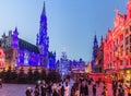 BRUSSELS, BELGIUM - DECEMBER 17, 2018: Evening view of the Grand Place (Grote Markt) with a christmas tree and Royalty Free Stock Photo