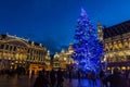 BRUSSELS, BELGIUM - DECEMBER 17, 2018: Evening view of the Grand Place (Grote Markt) with a christmas tree and Royalty Free Stock Photo