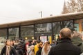 Man going to buy a ticket to Atomium building in Brussels, Belgium on December 30, 2018.