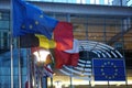 Sign and EU flag symbol on the European Commission building exterior Royalty Free Stock Photo