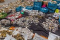 BRUSSELS, BELGIUM - DECEMBER 18, 2018: Stall at Marolles Flea Market at the Jeu de Balle square in Brussels, capital of