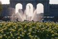 Brussels, Belgium. Triumphal arch at the Parc du Cinquantenaire / Jubelpark in With tulips flower bed and fountain in front. Royalty Free Stock Photo