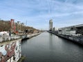 Brussels, Belgium - 1 February 2023: A landscape along the canal that runs through the city of Brussels. This mixed area of