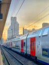 Brussels, Belgium - February 2019: The train is waiting at the platform for passengers Inside the Brussels-North Train Station