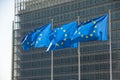 BRUSSELS, Belgium - fourth of may 2020 : european flags waving in the wind Royalty Free Stock Photo