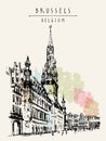 Brussels, Belgium. Grand Place. Hand drawn travel postcard Royalty Free Stock Photo