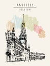 Brussels, Belgium. Grand Place. Hand drawn travel postcard Royalty Free Stock Photo