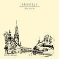 Brussels, Belgium. Grand Place. Hand drawn travel postcard Royalty Free Stock Photo