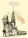 Brussels, Belgium. Grand Place. Hand drawn travel postcard Royalty Free Stock Photo