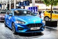 Blue Ford Focus hatchback, Brussels Motor Show, 4th gen, compact car produced by American automaker Ford Motor Company Royalty Free Stock Photo