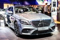 Silver Mercedes S 560e electric hybrid sedan limousine, Brussels Motor Show, 6th gen W222 s-class car produced by Mercedes-Benz Royalty Free Stock Photo