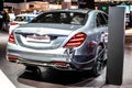 Silver Mercedes S 560e electric hybrid sedan limousine, Brussels Motor Show, 6th gen W222 s-class car produced by Mercedes-Benz Royalty Free Stock Photo