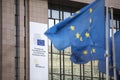 Front of the European Council with the logo of the Portuguese rotating presidency Royalty Free Stock Photo