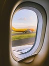 Brussels, Belgium, July 29, 2021. DHL plane taxiing and ready to take off from the brussels national airport airfield seen through Royalty Free Stock Photo