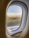 Brussels, Belgium, July 29, 2021. DHL plane taxiing and ready to take off from the brussels national airport airfield seen through Royalty Free Stock Photo