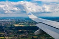 Brussels, Belgium - 7 July 2021: KLM Plain wing over Belgium. Flight from Amsterdam to Brussels