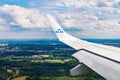 Brussels, Belgium - 7 July 2021: KLM Plain wing over Belgium. Flight from Amsterdam to Brussels. Plain is landing