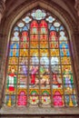 BRUSSELS, BELGIUM - JULY 07, 2016 : Stained glass inside Cathedral of St. Michael and St. Gudula is a Roman Catholic church in B Royalty Free Stock Photo