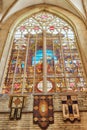 BRUSSELS, BELGIUM - JULY 07, 2016 : Stained glass inside Cathedral of St. Michael and St. Gudula is a Roman Catholic church in B Royalty Free Stock Photo