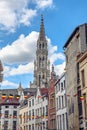 Brussels, Belgium - July 20, 2020: Tower of the city hall at the Grand place central square in the old town of Brussels Royalty Free Stock Photo