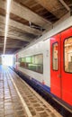 Brussels, Belgium - June 2019: Belgian train on the tracks at the platform