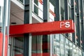 Belgium, Brussels, Belgian Socialist Party logo on the facade of the central headquarters, boulevard de l`Empereur, PS