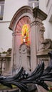 Brussels, Belgium - May 13, 2018: bronze fountain sculpture Manneken Pis in central Brussels