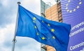 European Union flag in front of the Berlaymont building, headquarters of European Commission Royalty Free Stock Photo