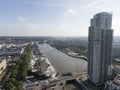 Brussels, Belgium - May 12, 2022: Urban landscape of the city of Brussels, skyscraper apartment building with the river Senne