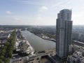 Brussels, Belgium - May 12, 2022: Urban landscape of the city of Brussels, skyscraper apartment building with the river Senne