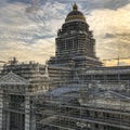 Brussels, Belgium, October 28, 2019 - Aerial view of the Brussels Palace of Justice or Court of Laws being renovated