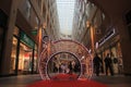 Brussels, Belgium, 16-12-2019: A red carpet decorated with light sculptures such as a star and christmas bulbl Royalty Free Stock Photo