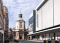 Main building of Church Of Notre Dame Du Finistere on the busy shopping street Rue Neuve. Horizontal shot Royalty Free Stock Photo