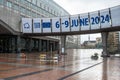 Brussels, Belgium - Square of the European Parliament in the rain announcing the elections