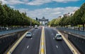 Brussels - Belgium - View over the traffic tunel at the Tervuren Avenue with the arches of the Cinquantenaire monument in the