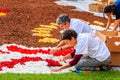 Brussels, Belgium. Women create flower carpet on the Grand Place square. Royalty Free Stock Photo