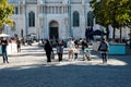 Brussels city center, Beglium - The Saint Catherine square with tourists at the fountain