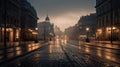 Brussels city center at dawn with street lights, AI generative