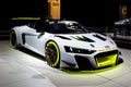 BRUSSELS - JAN 9, 2020: Audi R8 LMS GT2 sports car showcased at the Brussels Autosalon 2020 Motor Show