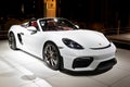 BRUSSELS - JAN 9, 2020: New 2020 Porsche 718 Spyder sports car showcased at the Brussels Autosalon 2020 Motor Show