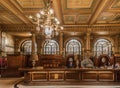 Brussels Old Town, Belgium -Check-in desk with vintage elements of Le Metropole, a 5 star luxury hotel