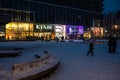 Brussels Old Town, Belgium - The Monnaie square covered with snow by night